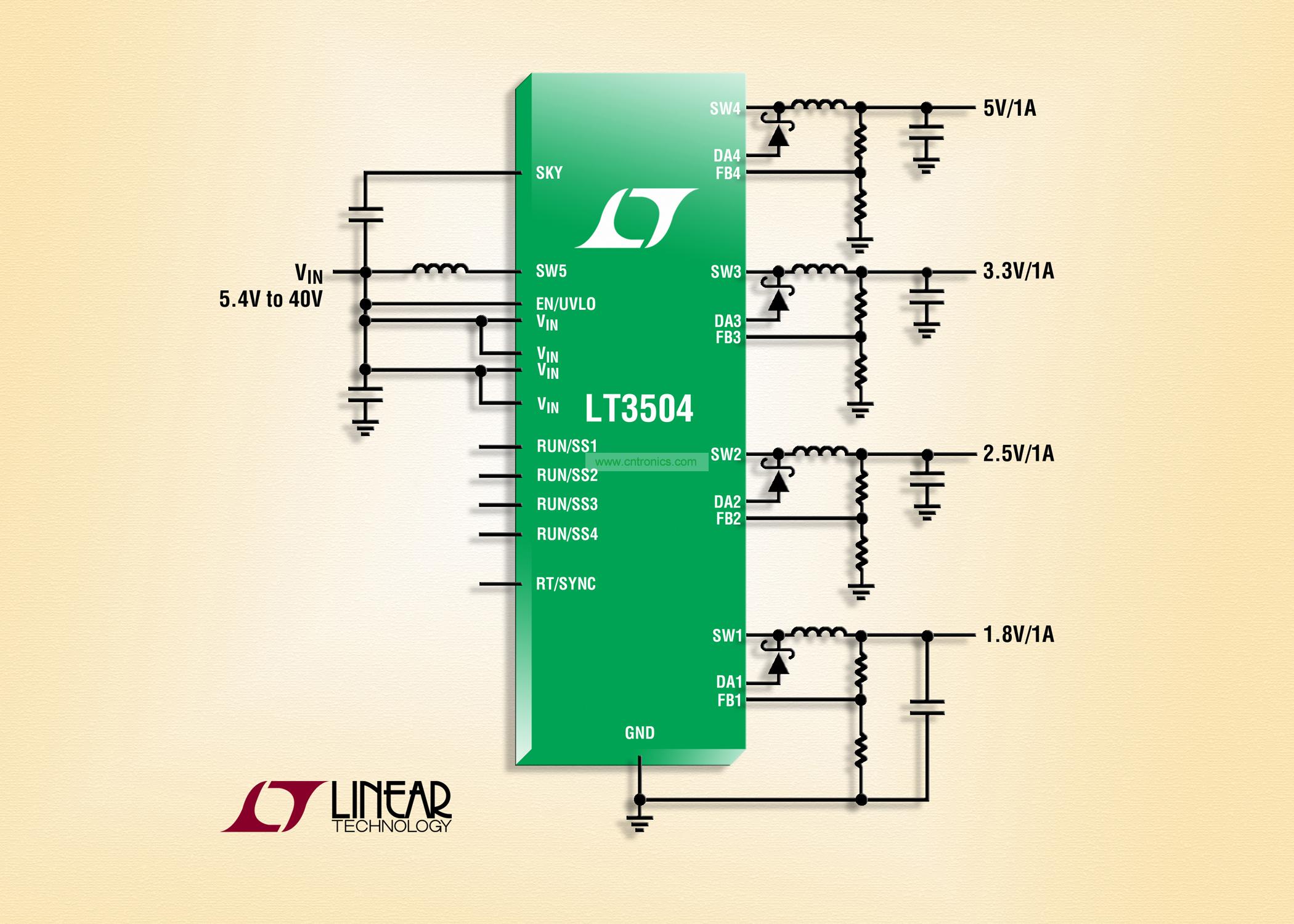 40V、4 通道 1A (IOUT)、2.2MHz 降壓型 DC/DC 轉換器