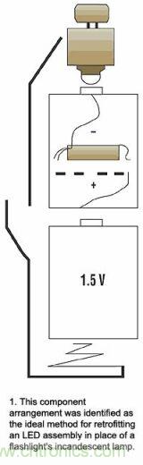 增壓電路在有兩節電池的手電筒中將代替的一節電池，LED裝置則代替白熾燈