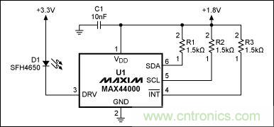 圖1：MAX44000典型電路，包括LED