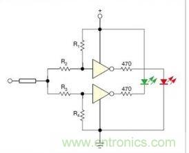 在雙門構成的CMOS/TTL兼容探頭中，R1至R4電阻網絡對反相器輸入端做偏置