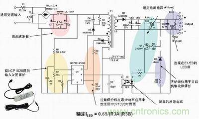 安森美半導體離線式第二代LED驅動器NCP1014/1028的應用示意圖。