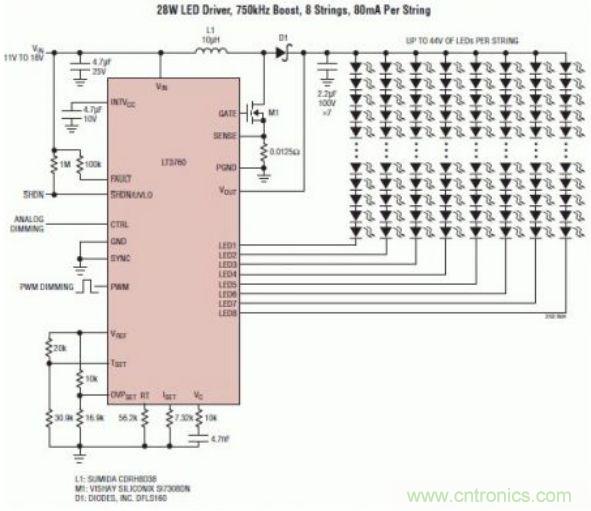 采用 LT3760、效率為 90% 的 28W LED 背光照明電路