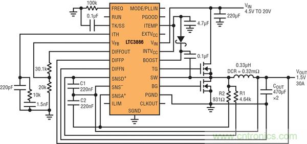 圖2：以非常低的DCR完成采樣的高效率、1.5V/30A降壓型轉換器