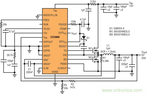 圖9：高效率電源，12V輸入至5V/25A輸出