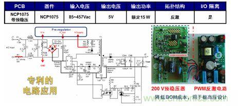 基于NCP1075開關穩壓器和200 V預穩壓器的極寬電壓范圍15 W參考設計。