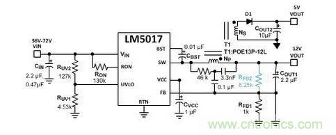 基于 LM5017 的 Fly-Buck 轉換器電路，沒有基于光耦合器的穩壓電路