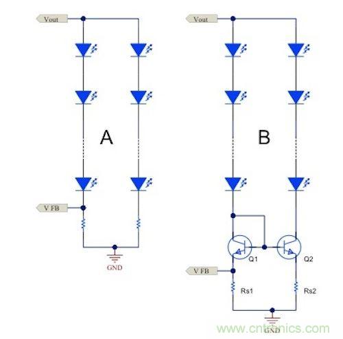 電流鏡 (B) 可針對簡單電阻器電流調節 (A) 提供各種優勢。