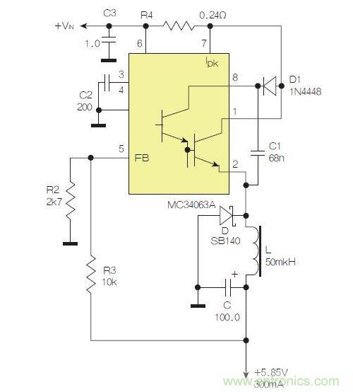 采用降壓配置中廣為使用的MC33063/MC34063的一個示例。