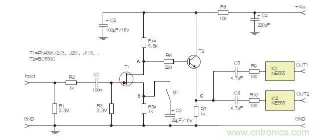 所示電路采用兩個工作在不同頻率下的555定時器，以獲取不同的音