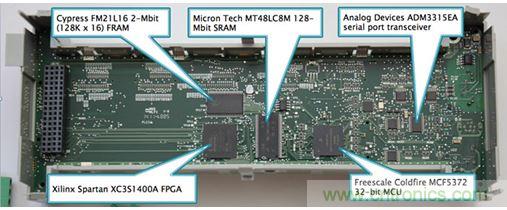 圖8：Micro850上的主處理板由負責系統管理、運行時控制和用戶界面的飛思卡爾(現恩智浦)Coldfire MCF5372 32位MCU、提供通信和電機控制及可能一些專有功能的賽靈思Spartan XC351400A FPGA組成。
