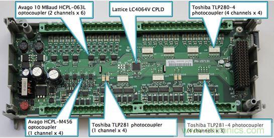 圖2：Rockwell選擇光耦作為Micro850 PLC的數字I/O電路板上的設備輸入和輸出端的核心隔離策略。