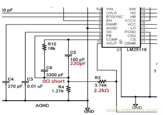 圖4：評估板部分原理圖顯示必須調整分壓器(R3和R4)將輸出電壓從5V改變到3.3V。另外還有其它多處改變。