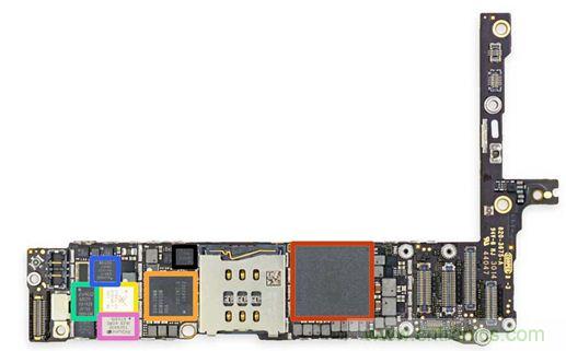 iPhone 6 Plus主板采用1GB RAM的蘋果A8 SoC作為核心部件。（來源：iFixit）