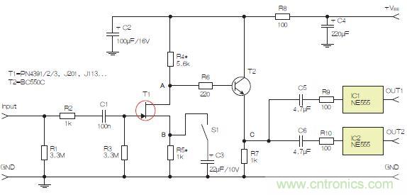 圖3：采用兩個工作在不同頻率下的555定時器電路，以獲取不同的音效。