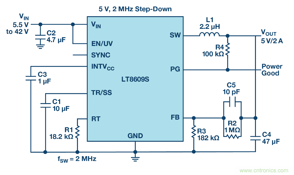 具 2.5 μA 靜態電流和超低 EMI 輻射的 42 V、2 A/3 A 峰值同步降壓型穩壓器