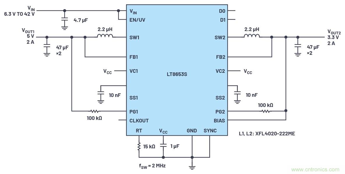 具有6.2 µA靜態電流的雙通道、42 V、2 A、單片、同步降壓型Silent Switcher 2穩壓器