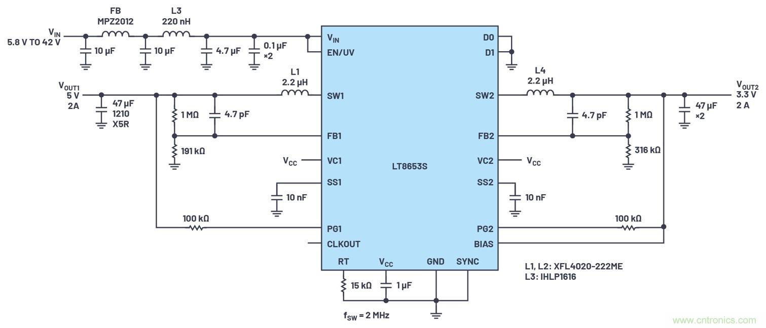 具有6.2 µA靜態電流的雙通道、42 V、2 A、單片、同步降壓型Silent Switcher 2穩壓器