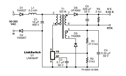 LinkSwitch-LP 系列旨在取代手機/無繩電話、PDA、數碼相機和便攜式音頻播放器等應用中輸出功率 < 2.5 W 的低效線頻線性變壓器電源。LinkSwitch-LP 還可用作白色家電等應用中的輔助電源。  LinkSwitch-LP 將高壓功率 MOSFET 開關與 ON/OFF 控制器集成在一個設備中。它完全由漏極引腳自供電，具有低 EMI 的抖動開關頻率，并且具有全面的故障保護。自動重啟可限制過載和輸出短路條件下的器件和電路耗散，而遲滯過溫保護會在熱故障期間禁用內部 MOSFET。EcoSmart 技術使設計能夠輕松實現 < 150 mW 的空載功耗，滿足能源效率要求。  LinkSwitch-LP 的設計目的是在輸出功率低于 2.5 W 時無需初級側鉗位電路，從而顯著減少組件數量和總系統成本。圖 1 顯示了基于 LinkSwitch-LP 的 2 W 電源，不帶初級側鉗位。LinkSwitch-LP 系列經過優化，當變壓器上的輔助或偏置繞組提供反饋時，可提供近似的 CV/CC 輸出特性。這非常適合取代工頻變壓器的應用，提供兼容的輸出特性，但過載、短路電流和輸入線電壓變化較小。  　  在無鉗位設計中使用 LinkSwitch-LP 的基本電路原理圖。  快速開始  　 LinkSwitch-LP 反激式設計流程圖