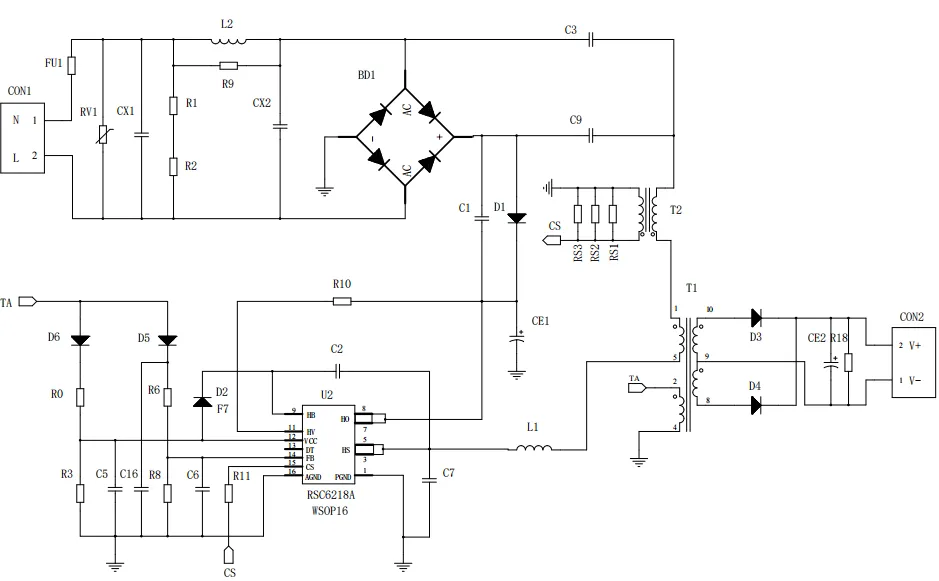 一、LED驅動模塊RSC6218A REASUNOS(瑞森半導體)通過持續投入研發，提升LLC應用技術，集成控制芯片與功率轉換，成功推出新一代產品RSC6218A WSOP-16，延續瑞森LLC拓撲方案，時機趨勢完全迎合我國雙碳政策，電氣特性契合新版國標GB/T 17625.1-2022和歐盟新版ERP認證EU2019/2020雙重法規，專為中小功率的產品提供優秀的方案；接下來會分幾個篇章持續介紹新方案產品的應用資料和設計實例分享：  RSC6218A功率模塊內部集成CS-CP-LLC電源半橋模塊和功率轉換模塊，延續瑞森主題設計方向單級實現高PF無頻閃技術和LLC諧振軟開關技術方案：該型號適用于5-18W功率段；具備高轉換效率(90%+)，高PF(>0.96)，低THD(<10%)，小型化(縮小PCB面積10-25%)，通過優化產品內部設計提升產品內部功率器件的開啟與關閉性能，避免干擾發生，最高工作頻率達200KHZ，實現WSOP-16封裝兼顧散熱與小型化；并且內部可自動設置死區時間，讓方案可靠易設計。 產品可廣泛應用于： 1.護眼系列燈具：如教室燈、辦公燈、護眼臺燈、壁燈、閱覽室燈等； 2.家居類燈具：如客廳燈、臥室燈、兒童房燈、廚房燈、走廊燈等； 3.軌道類燈具：地鐵照明、高鐵照明、隧道照明、車站照明等； 4.商照類燈具：筒燈、射燈、投射燈、 亮化燈、防爆燈等； 方案起到提供高效，穩定，長壽命的作用。 二、產品功能框架  三、IC各PIN腳功能說明  PIN1 PGND 功率地，內部是連接低邊MOS的S端地線； PIN2  NC  PIN3  HS 半橋MOS低邊漏極PIN； PIN4  HS 半橋MOS低邊漏極PIN； PIN5  HS 半橋MOS高邊源極PIN； PIN6  HS 半橋MOS高邊源極PIN； PIN7  NC  PIN8  HO 半橋MO高邊漏極； PIN9  HO 半橋MOS高邊漏極； PIN10 HB 半橋驅動高邊電源，通過外置的一個二極管與電容組成自舉回路，為高邊 MOS 的開啟提供電平； PIN11 VIN 高壓啟動的輸入腳，最高耐壓可達DC600V，啟動電流在1.7mA，一般應用是從高壓電解處串接一個1206100K電阻引到PIN1，在整個環路還未建立起來時，是靠這個引腳的供電通過內部連接到PIN6VCC，然后把VCC電容慢慢充電到芯片的啟動電壓后，芯片開始工作。整個環路建立起來后，VIN腳內部關斷，VCC 通過外部變壓器輔助繞組供電維持正常工作； PIN12  VCC 信號電源引腳， 工作電壓范圍 8-20V，工作電流在 0.8mA，靜態工作電流是 720uA； PIN13  NC DT懸空腳； PIN14 FB  電壓反饋輸入，VFB中心值是1.2V，該引腳的功能主要是限定空載電壓的最大幅度，該芯片空載保護屬于打嗝模式，可以有效降低空載損耗，能效要求輕松符合小于0.5W的要求； PIN15  CS 電流采樣正弦波信號輸入該PIN腳是通過線路中的互感電感采樣得到全波的正弦波信號， 通過電阻轉換為電壓信號后，輸入到CS PIN腳， 內部連接到壓控振蕩器，根據輸入進來的電壓幅值大小，以及正弦波的頻率，壓控振蕩器輸出對應的方波來控制LG與HG端的MOS開關頻率，實現恒流調節控制； PIN16  AGND 信號地參考電平，主要連接 VCC，FB 對應 PIN 腳的元件地線。 四、關鍵PIN腳參數設定范圍  五、典型應用原理圖  關注瑞森半導體公眾號，接下來持續分享具體案例的設計參考文檔，攜手各伙伴們實現新版國標GB/T17625.1-2022的順利達標，為工程師縮短開發周期，讓工廠端得到滿意的產品，給客戶一個滿意的答卷，得到需要的利潤空間。
