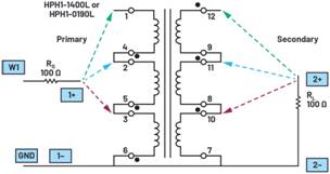   材料  ? ADALM2000主動學習模塊 ? 無焊試驗板和跳線套件 ? 一臺HPH1-1400L 6繞組變壓器 ? 一臺HPH1-0190L 6繞組變壓器 ? 兩個100 Ω電阻  說明  在無焊試驗板上構建圖2所示的電路。需要使用此設置來測量初級/次級匝數比為1:1的三種不同配置下，兩個變壓器型號各自的頻率響應。兩個紅色箭頭表示在初級和次級使用同一個線圈的配置中連接源電阻和負載電阻的位置。藍色箭頭對應的是在初級和次級使用兩個串聯線圈的配置。綠色箭頭對應的是在初級和次級使用三個串聯線圈的配置。